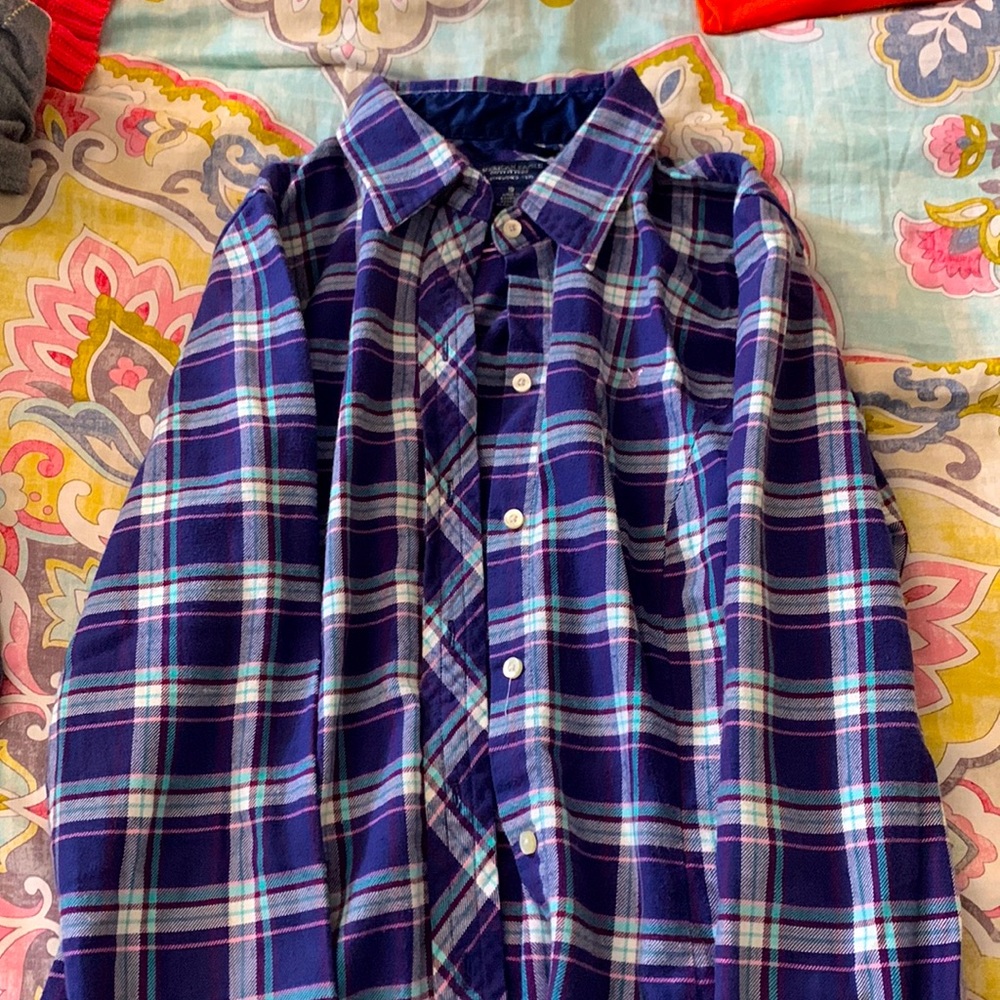 Purple, pink, white light blue button up